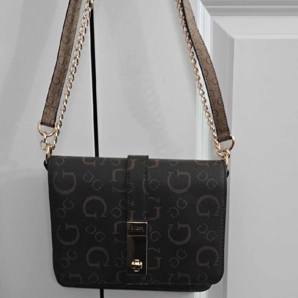 Guess Brown Crossbody Bag with Monogram and Gold Clasp